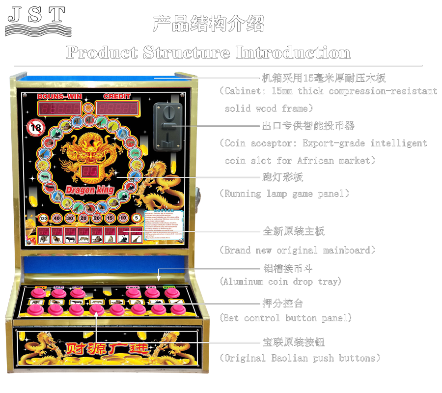 Dragon King slot machine product structure introduction diagram for Accra Ghana bars & small shops, classic 8-door fruit desktop game with guess size double-up gameplay