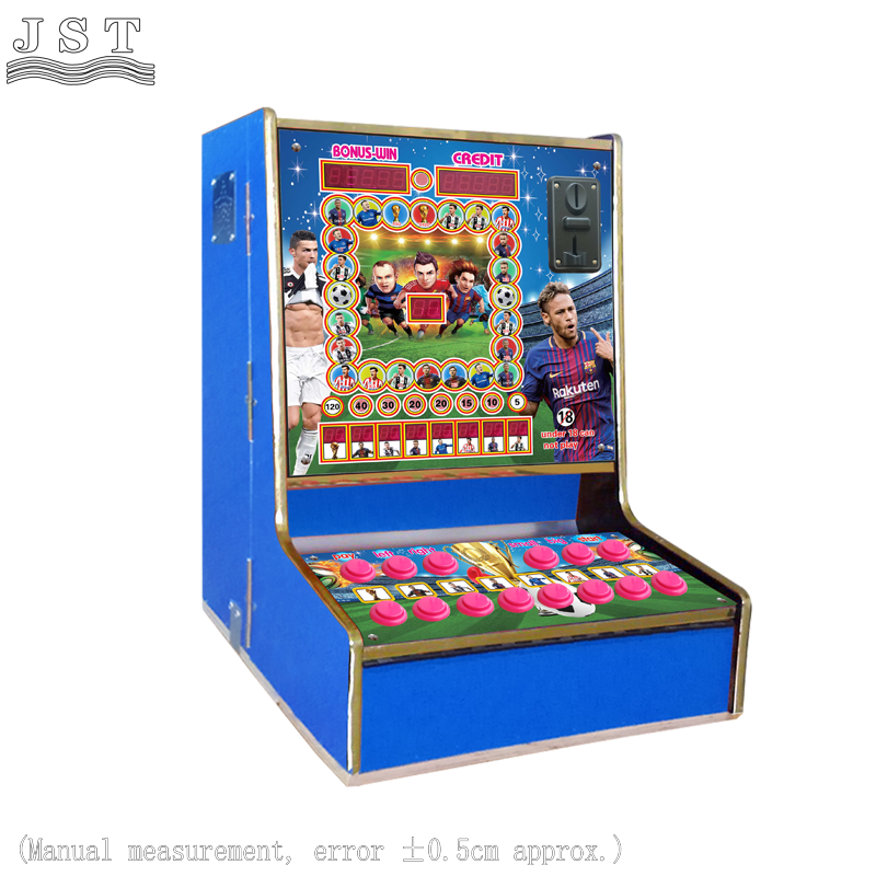World Cup star football themed fruit entertainment cabinet, blue desktop coin operated game machine overall size reference picture, compact cabinet dimension for West Africa bar retail layout