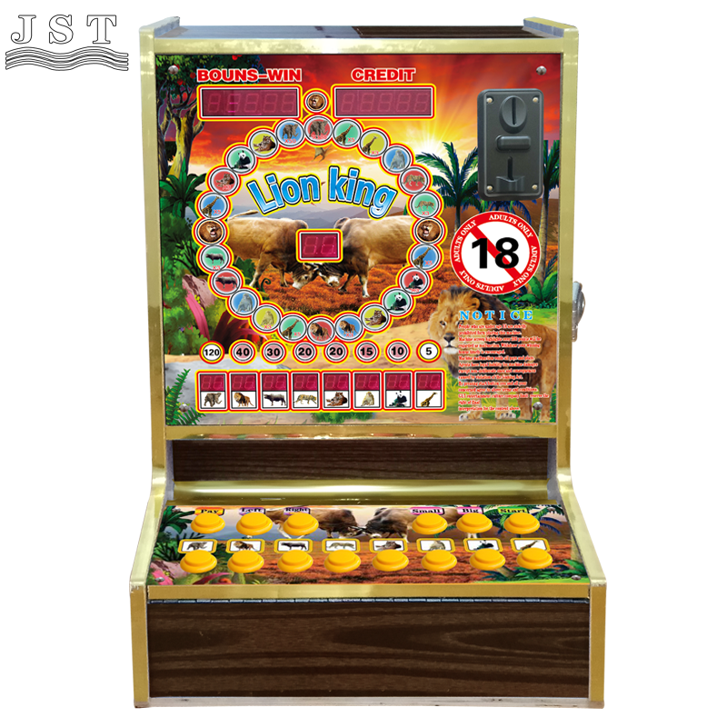 Front view of wood grain Lion King fruit slot machine for Ghana bar small shop, classic mario marley desktop slot cabinet with Taiwan original stable game program, 8-bet betting rules and big-small double up game for Africa market