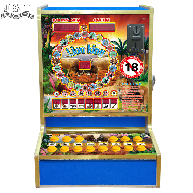Front view of blue Lion King fruit slot machine for Ghana local bars and small shops, classic mario marley desktop slot cabinet with original Taiwan stable game program, 8-bet betting game with big-small double up gamble function for Africa market